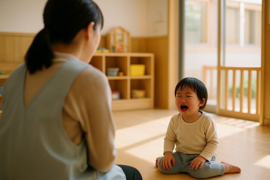 保育室で癇癪を起こして泣く幼児を、保育士が少し距離を置いて見守っている場面。自然光が差し込み、落ち着くまでそっと寄り添う様子が伝わる構図。