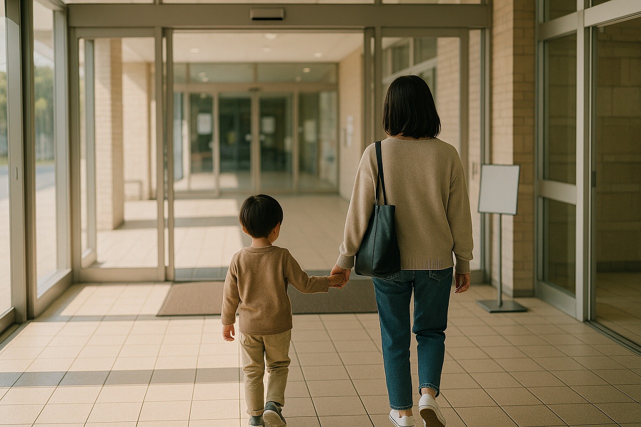 相談窓口へ向かう親子の後ろ姿。支援を求めて行動しようとする場面を穏やかに切り取った構図。