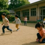 保育園の園庭で子どもたちがのびのびと遊びながら成長していく日常の一場面
