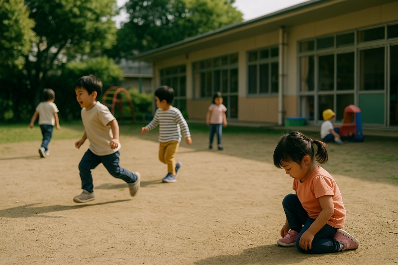 保育園の園庭で子どもたちがのびのびと遊びながら成長していく日常の一場面