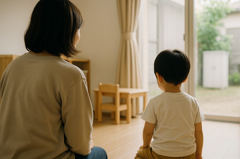 子どもの姿を少し離れたところから、やさしく見守る大人の後ろ姿