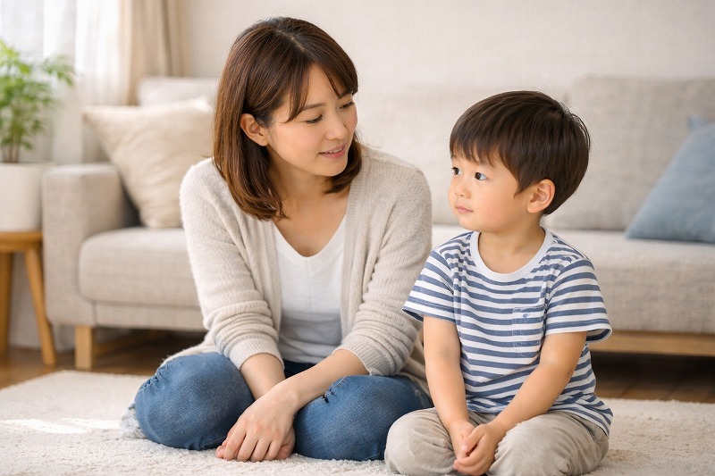 日本の家庭のリビングで、母親と幼い子どもが並んで座っている穏やかな日常シーン。