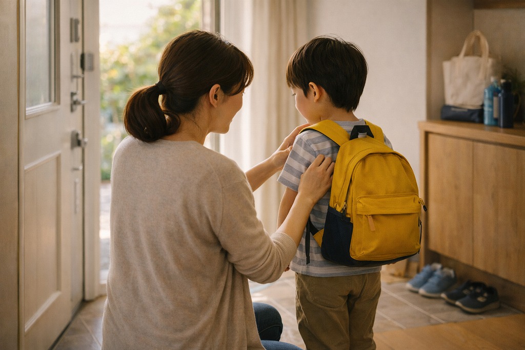 出勤前の朝、玄関で子どもの支度を手伝う共働き家庭の親子