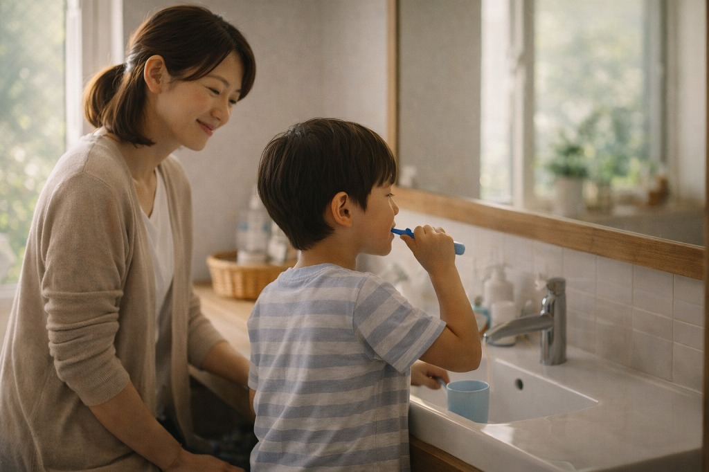 朝の洗面所で子どもの身支度を見守る保護者の穏やかな様子