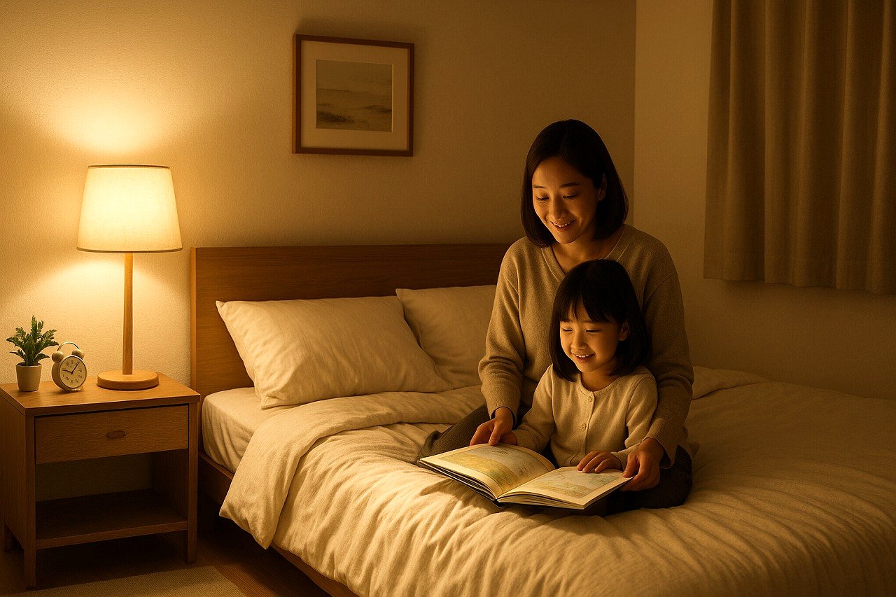 スタンドライトに照らされながら親子が横並びで絵本を読む横顔の場面。温かい光が表情を包み、静かな寝る前の時間が伝わる。