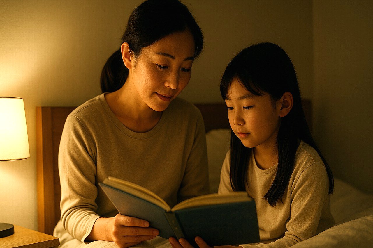 スタンドライトに照らされながら親子が横並びで絵本を読む横顔の場面。温かい光が表情を包み、静かな寝る前の時間が伝わる。
