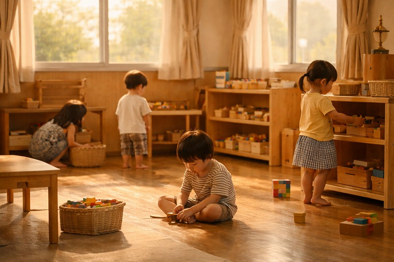 夕方の保育園の室内。 やわらかな自然光が窓から差し込み、 子ども達がそれぞれの場所で静かに過ごしている時間。