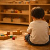 保育園の室内。 床に座る小さな子どもの後ろ姿。 遊び道具が目の前にあるが、動きを止めて考えている様子。 表情は見えず、迷いや戸惑いが空気感として伝わる構図。