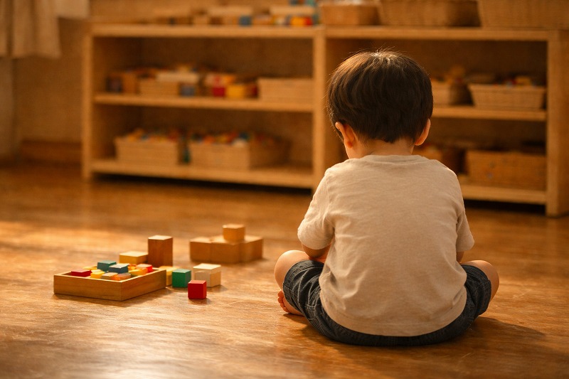 保育園の室内。 床に座る小さな子どもの後ろ姿。 遊び道具が目の前にあるが、動きを止めて考えている様子。 表情は見えず、迷いや戸惑いが空気感として伝わる構図。