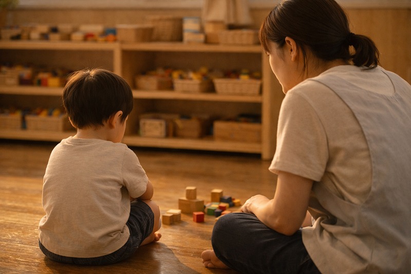 保育園の室内。 床に座る子どものそばに、同じ目線で座る大人の姿。 直接的な表情は映らず、横顔や後ろ姿のみが写っている。
