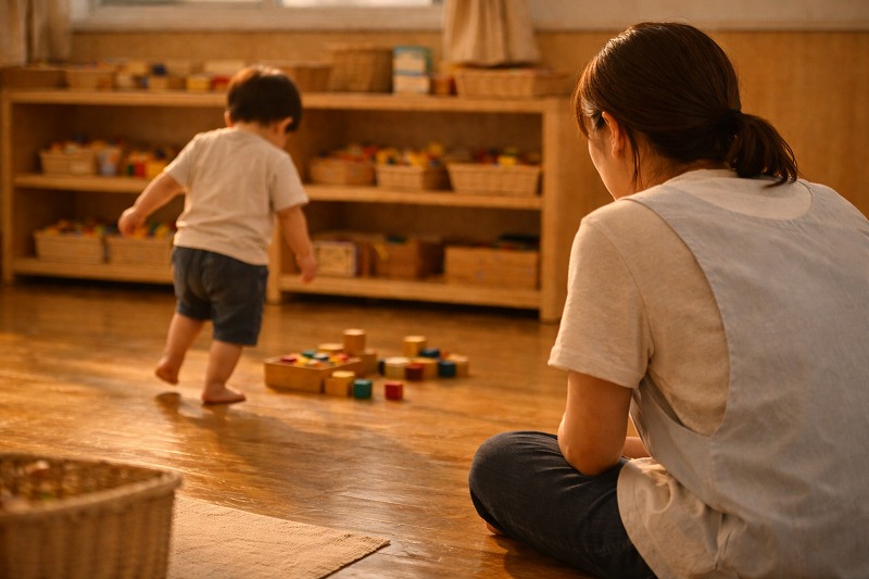 保育園の室内。 遊び道具が置かれた空間で、 子どもを正面から評価せず、横や後ろから見守る大人の後ろ姿。 子どもは再び動き出そうとしている様子。 距離感と信頼関係が伝わる構図。