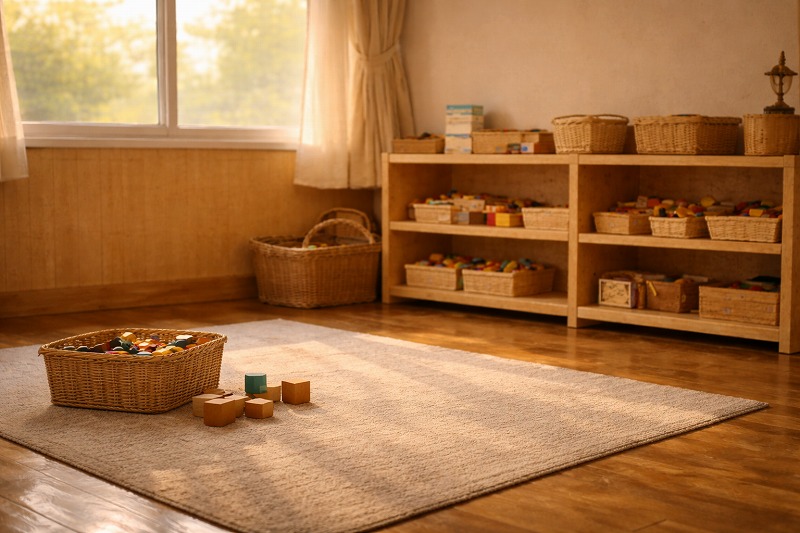 夕方の保育室の一角。 人の姿は写っていない。 床に敷かれたラグと、整理された棚、窓から差し込むやわらかな光。 一日の終わりの静けさと、安心して戻ってこられる空気感。