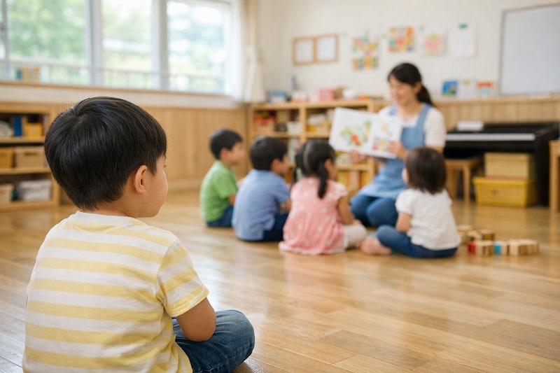 集団活動を少し離れた場所から見て参加している保育園の子ども