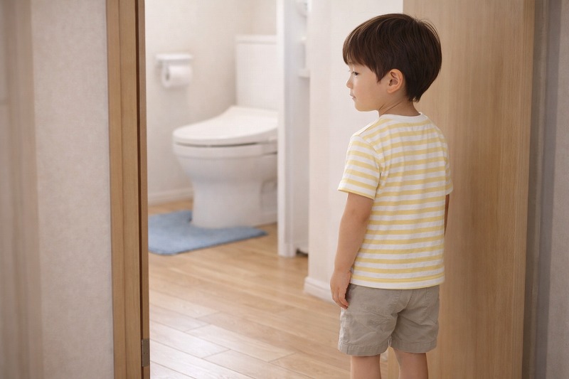 トイレの前で立ち止まり、入るか迷っている3歳の子どもの様子
