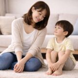 2歳の子どもと母親がリビングで静かに向き合い、落ち着いた時間を過ごしている家庭の様子