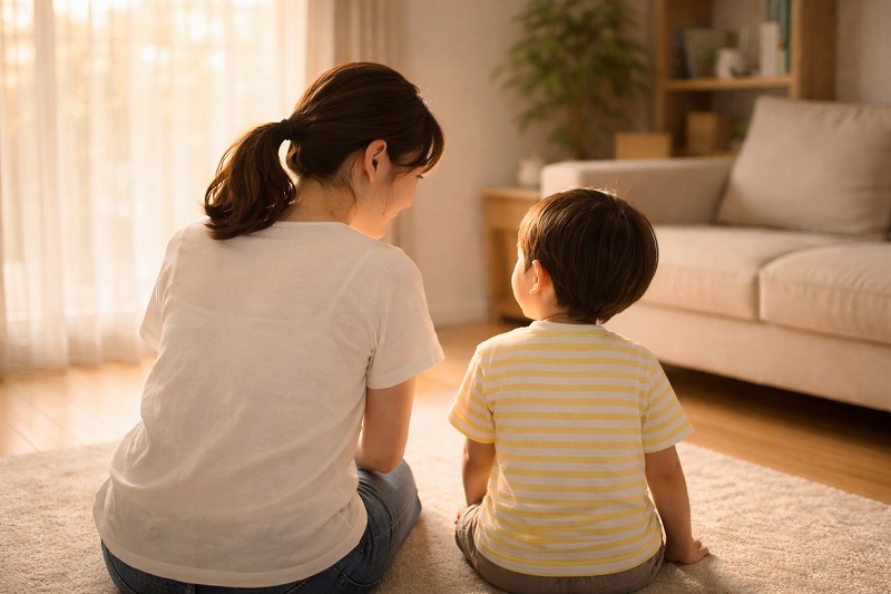 夕方の室内で並んで座り、穏やかな時間を過ごす母親と3歳の子どもの後ろ姿