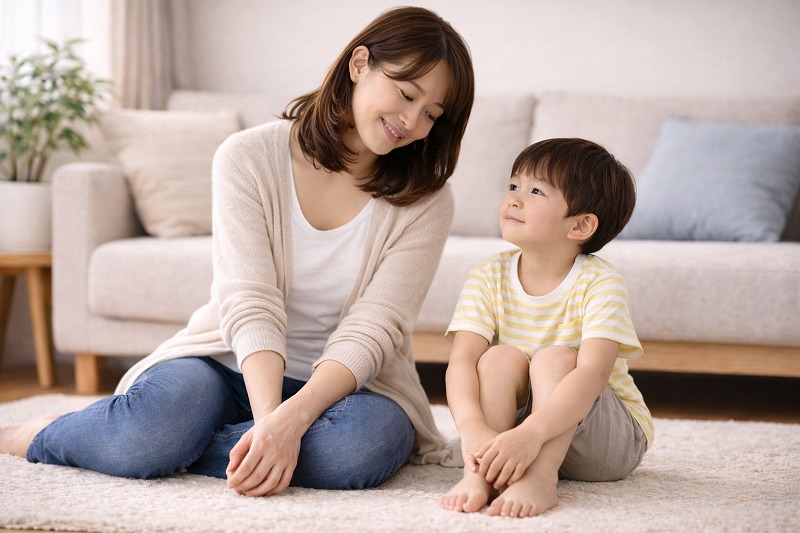 歳の子どもと母親がリビングで静かに向き合い、落ち着いた時間を過ごしている家庭の様子