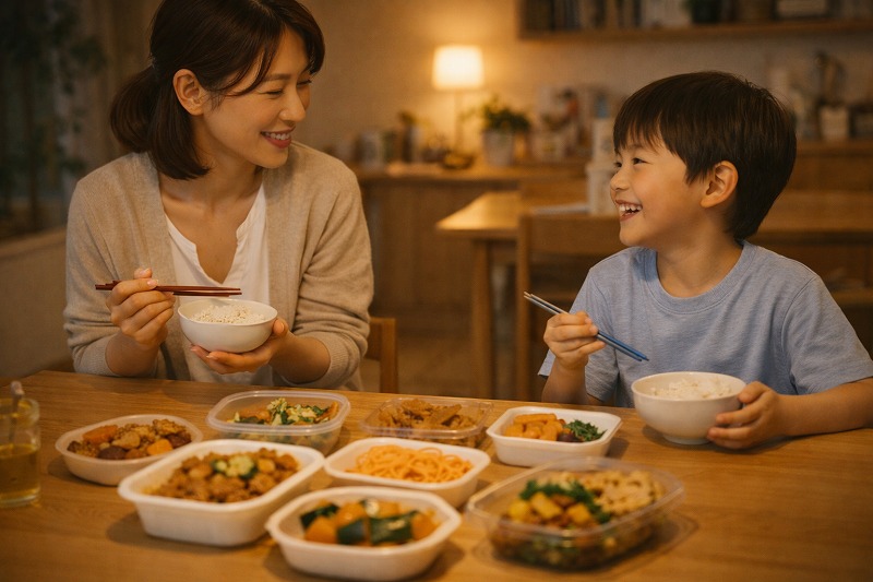 家事を頑張りすぎず、惣菜を取り入れた共働き家庭の夕食風景