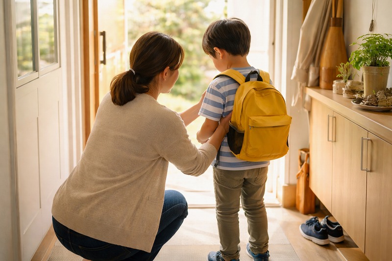 共働き家庭の朝、出勤前に子どもの支度を手伝う親子の後ろ姿
