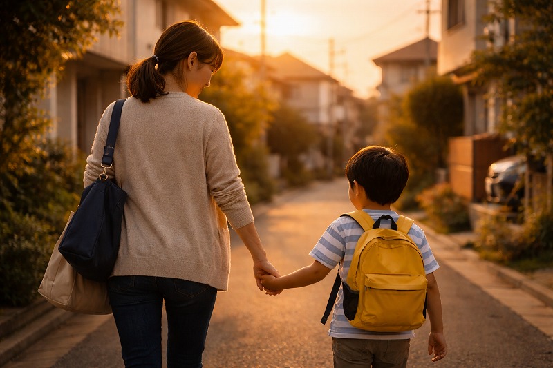 仕事帰りに子どもと手をつないで帰る共働き家庭の夕方の風景