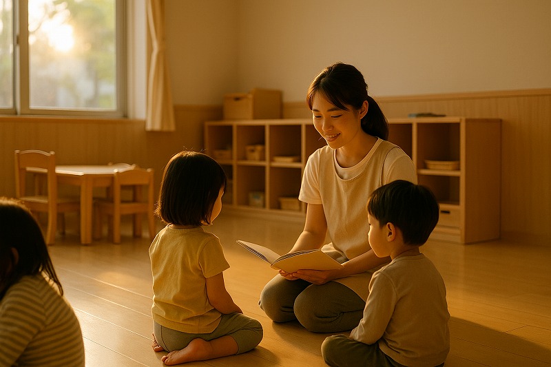 夕方の保育室で、保育士と子どもたちが落ち着いた時間を過ごしている様子