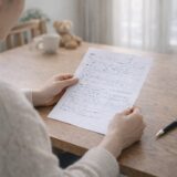 保育園入園希望理由を書くために申請書を見直している保護者の手元