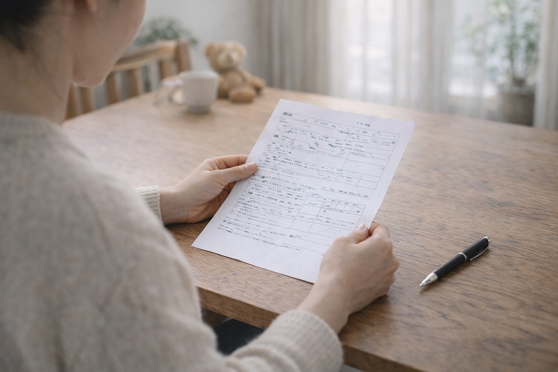 保育園入園希望理由を書くために申請書を見直している保護者の手元