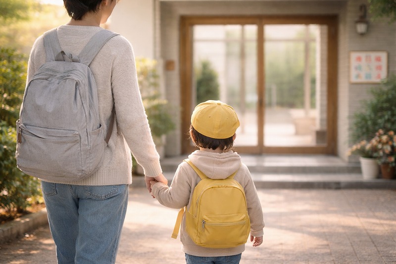 朝のやわらかな光の中で保育園へ向かう親子の後ろ姿