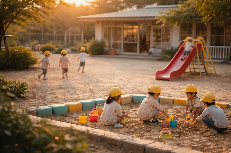 保育園の園庭でのびのびと遊ぶ子どもたちの様子