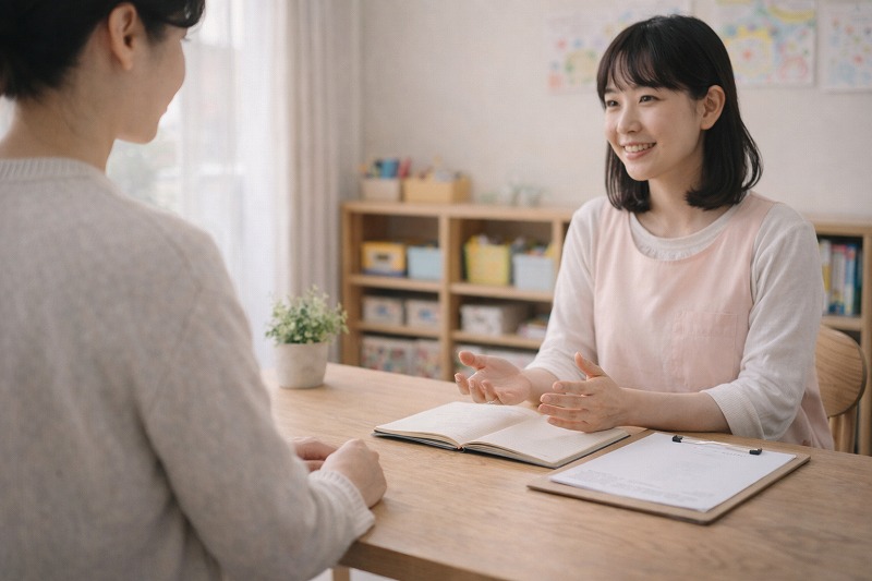 保育園の面談室で保護者と保育士が落ち着いて話している様子