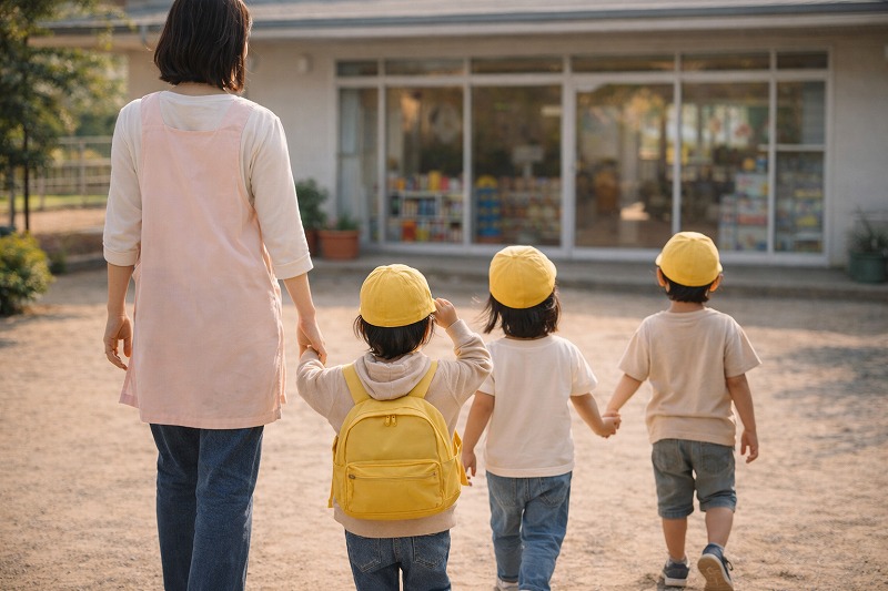保育園の園舎前を保育士と園児が一緒に歩いている後ろ姿