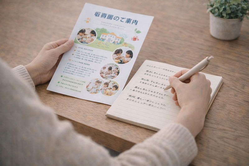 ノートに見学メモを書き、パンフレットを広げている様子