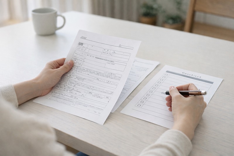 自宅で保育園入園申請書類を見直している家庭の様子