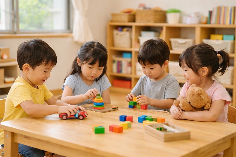 保育園の室内で、子どもたちがそれぞれのペースで遊んでいる様子
