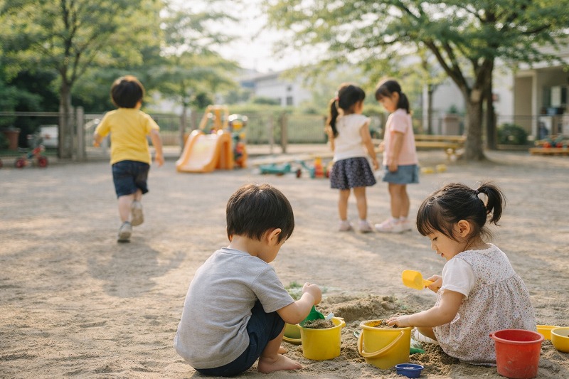 保育園の園庭で、子どもたちがそれぞれ自分の遊びを楽しんでいる様子