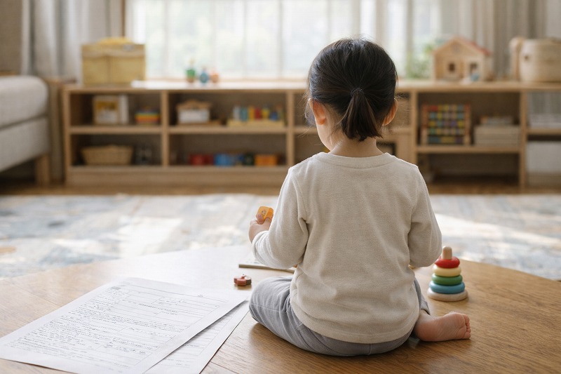 保育室で安心して遊んでいる子どもの後ろ姿