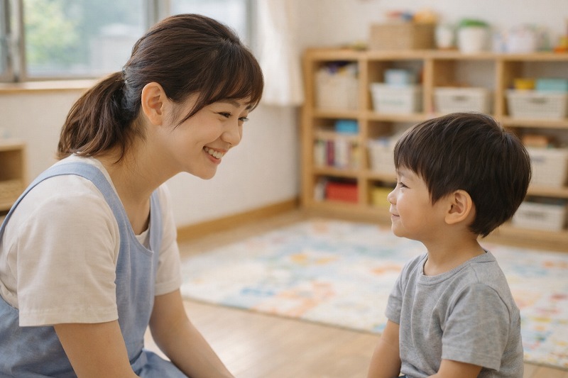 保育園で保育士が子どもと目線を合わせて穏やかに関わっている様子