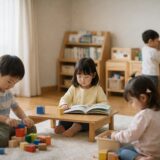 保育園の室内で、子どもたちがそれぞれ違う遊びや過ごし方をしている様子。