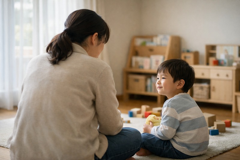 保育園または家庭の室内で、子どもと向き合いながら静かに考えている大人の後ろ姿