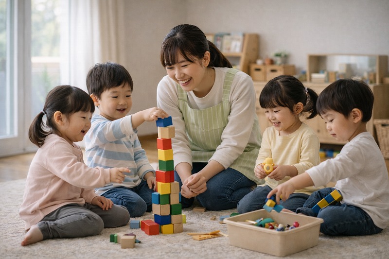 保育室でこどもたちの遊ぶ保育士