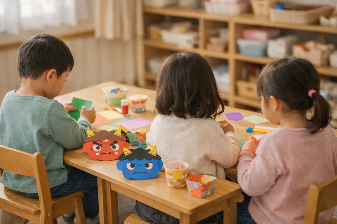 保育園で節分の製作をする子どもたちの後ろ姿。行事に向けて準備を楽しむ落ち着いた室内の様子。