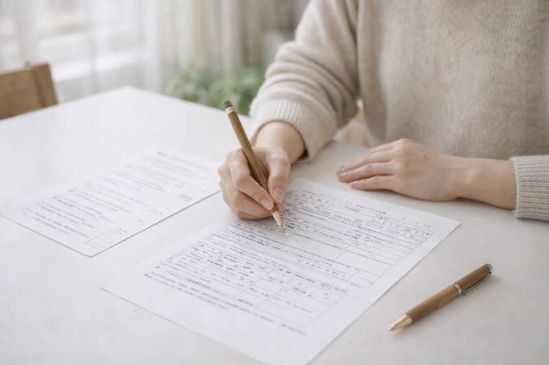 保育園入園希望理由を短い記入欄に書いている保護者の手元