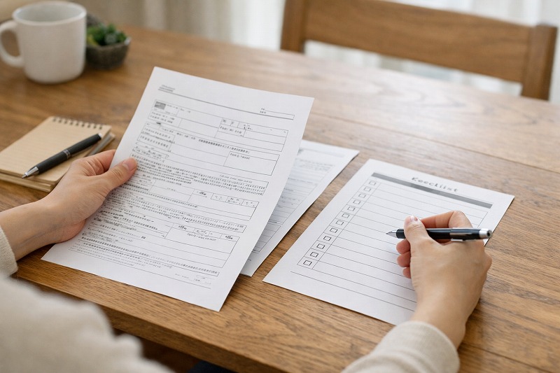 育園入園希望理由の提出前チェックをしている保護者の手元