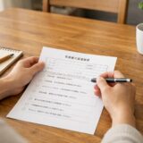 保育園入園希望理由を確認するため申請書を見直している保護者の手元