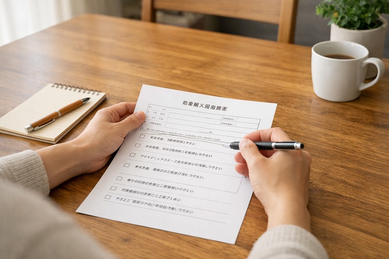 保育園入園希望理由を確認するため申請書を見直している保護者の手元