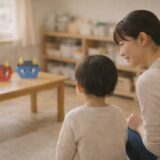 保育園の節分前、鬼のお面を遠くから見つめる子どもと、そばで安心できるよう寄り添う保育士の様子。