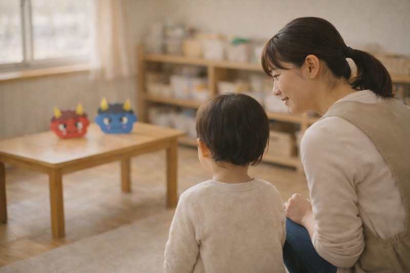 保育園の節分前、鬼のお面を遠くから見つめる子どもと、そばで安心できるよう寄り添う保育士の様子。
