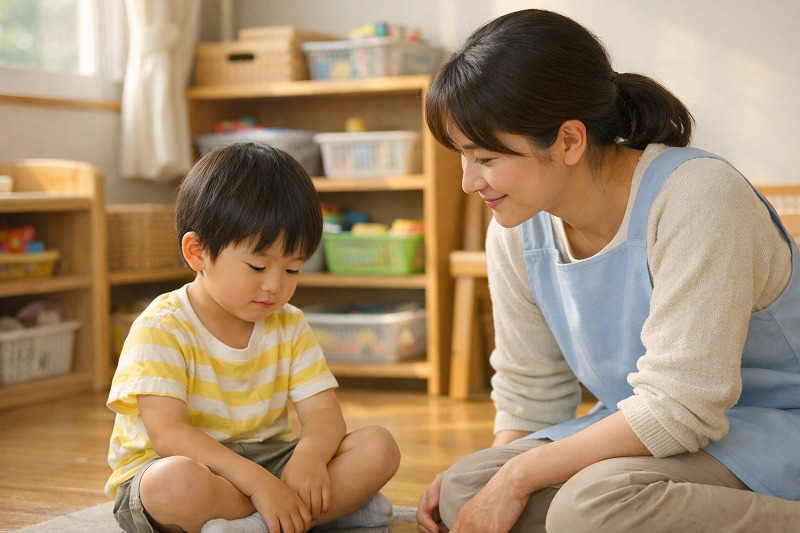 保育室で、夕方のやわらかな光の中、子どものそばに保育士が同じ目線で寄り添い、安心した時間を共有している様子