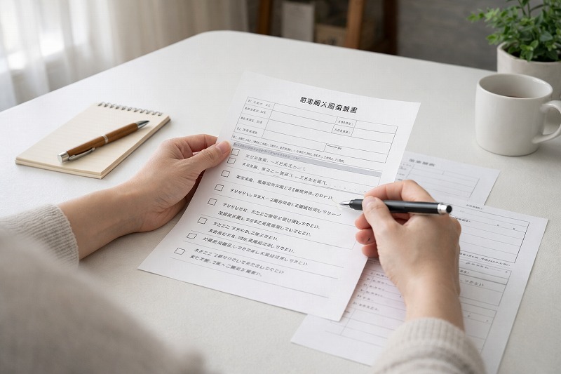 自宅で保育園入園申請書類を確認している家庭の様子