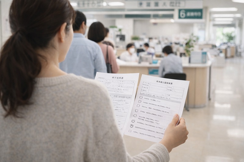 市役所で保育園入園申請の相談を待つ保護者の後ろ姿